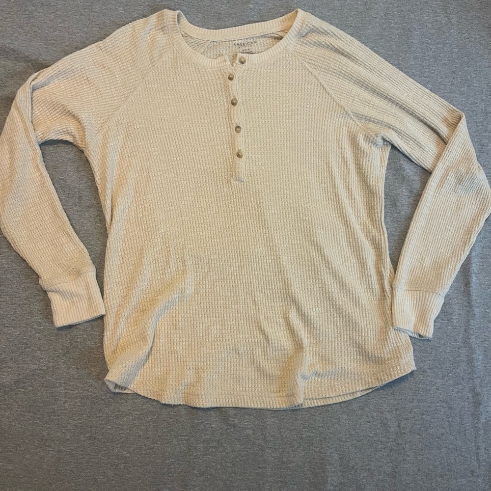 American Eagle Outfitters Beige Thermal Waffle Knit Henley - Size Medium